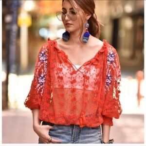 Free People Red Lace Embroidered Blouse